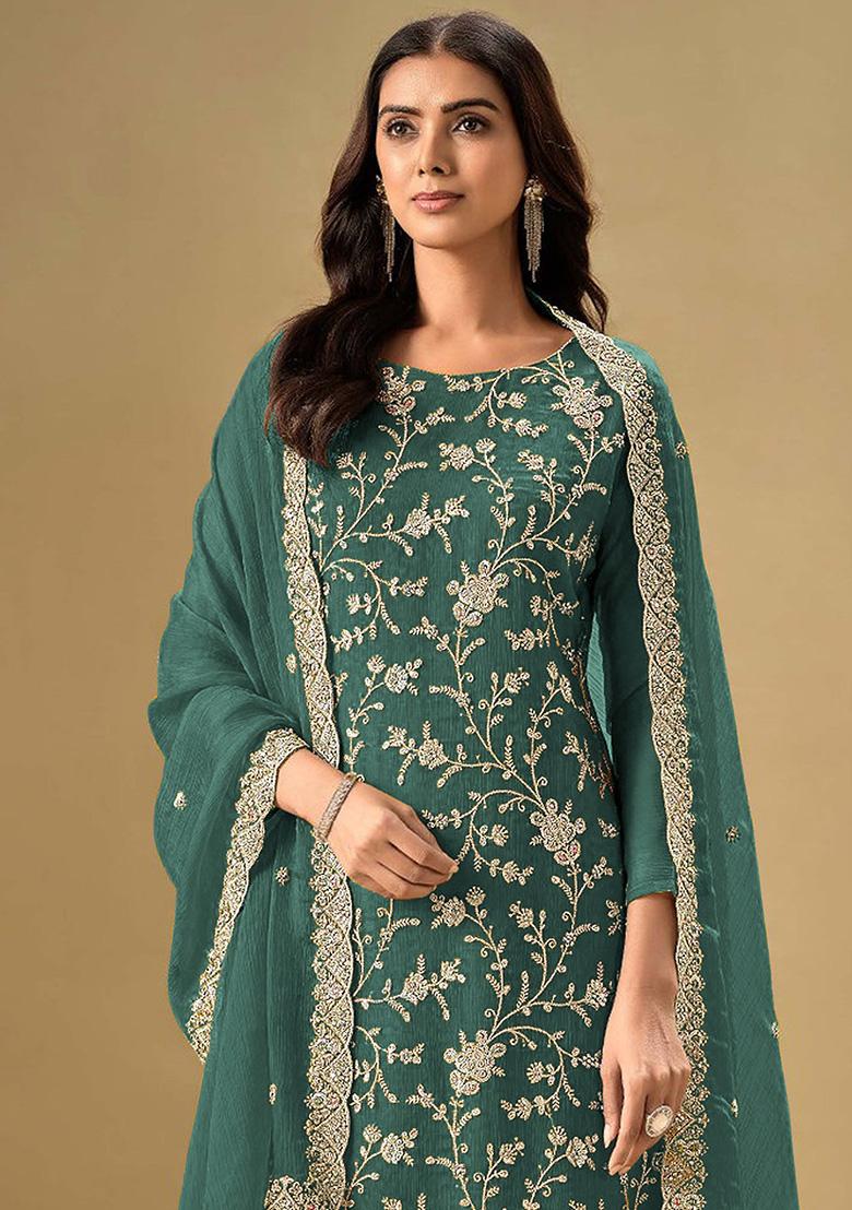 Teal Embroidered Silk Salwar Kameez With Dupatta - Indya
