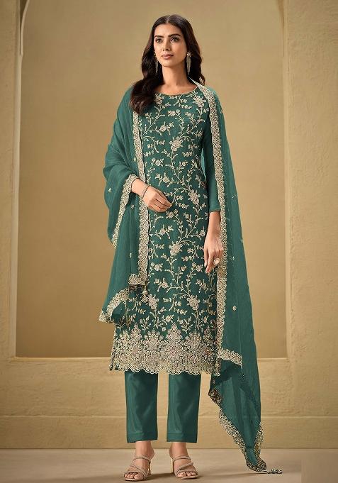 Teal Embroidered Silk Salwar Kameez With Dupatta