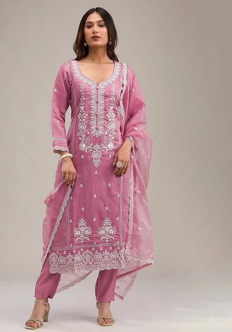 Pink Embroidered Organza Salwar Kameez With Dupatta