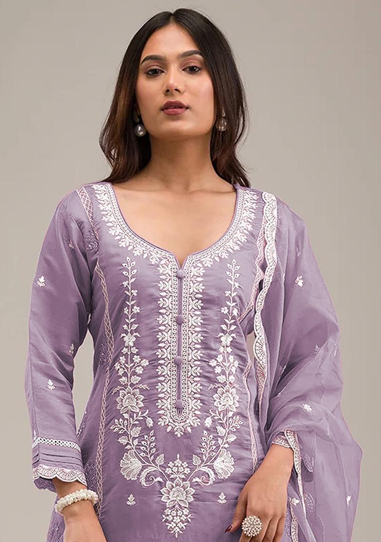 Light Lavender Embroidered Organza Salwar Kameez With Dupatta - Indya