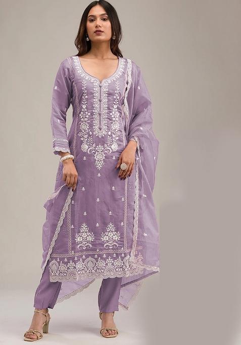Light Lavender Embroidered Organza Salwar Kameez With Dupatta