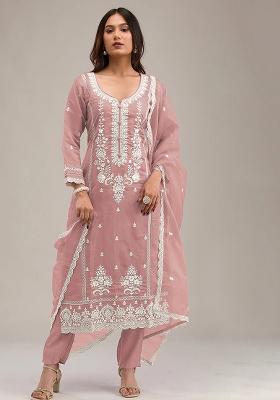 Peach Embroidered Organza Salwar Kameez With Dupatta