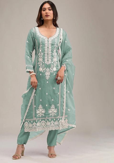 Light Green Chikankari Organza Straight Kurta Set