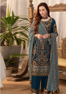 Navy Blue Embroidered Silk Plazzo Set