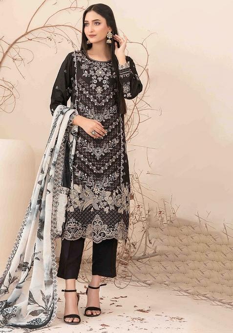 Black Embroidered Pure Chanderi Silk Salwar Kameez With Dupatta