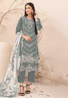 Grey Embroidered Pure Chanderi Silk Salwar Kameez With Dupatta