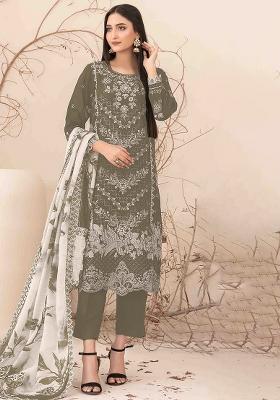 Olive Embroidered Pure Chanderi Silk Salwar Kameez With Dupatta