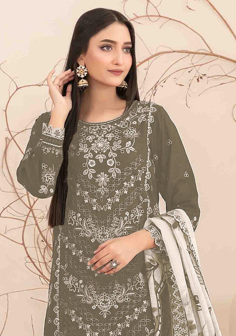 Olive Embroidered Pure Chanderi Silk Salwar Kameez With Dupatta - Indya