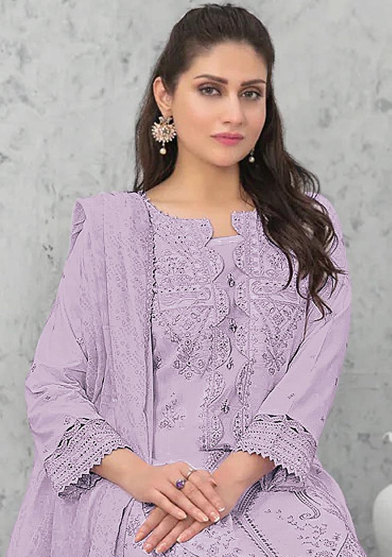 Light Lavender Embroidered Pure Chanderi Silk Salwar Kameez With Dupatta - Indya