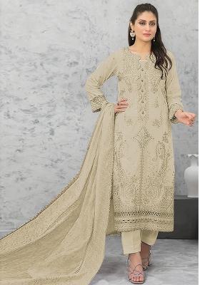 Cream Embroidered Pure Chanderi Silk Salwar Kameez With Dupatta