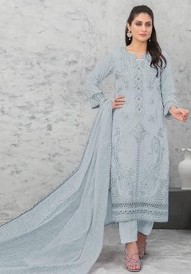 Light Aqua Blue Embroidered Pure Chanderi Silk Salwar Kameez With Dupatta