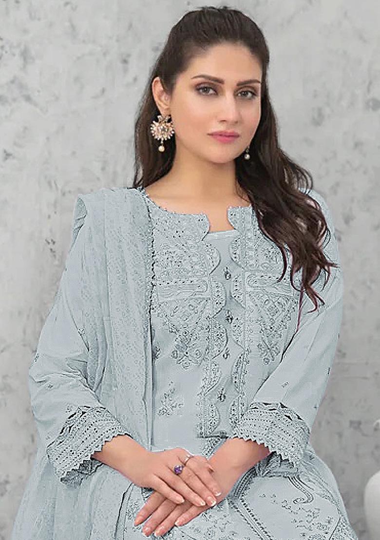 Light Aqua Blue Embroidered Pure Chanderi Silk Salwar Kameez With Dupatta - Indya