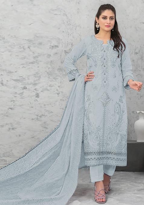 Light Aqua Blue Embroidered Silk Pakistani Suit Set