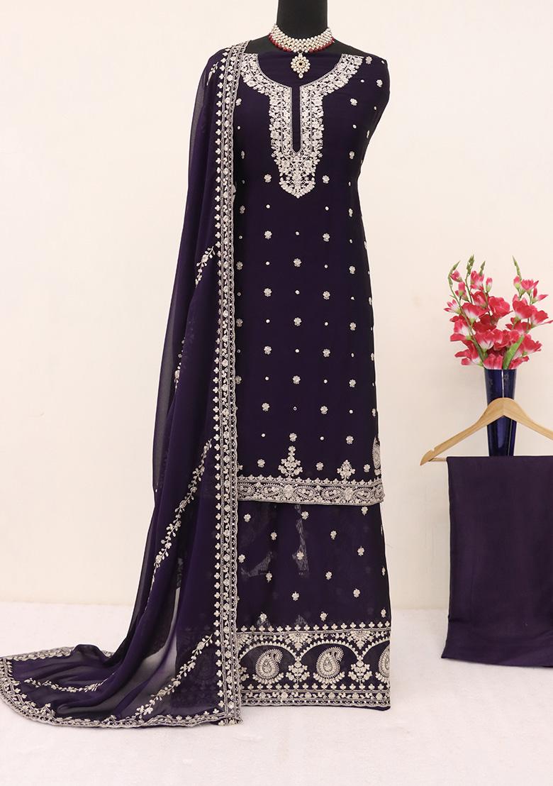 Royal Blue Embroidered Vichitra Plazzo Set - Indya