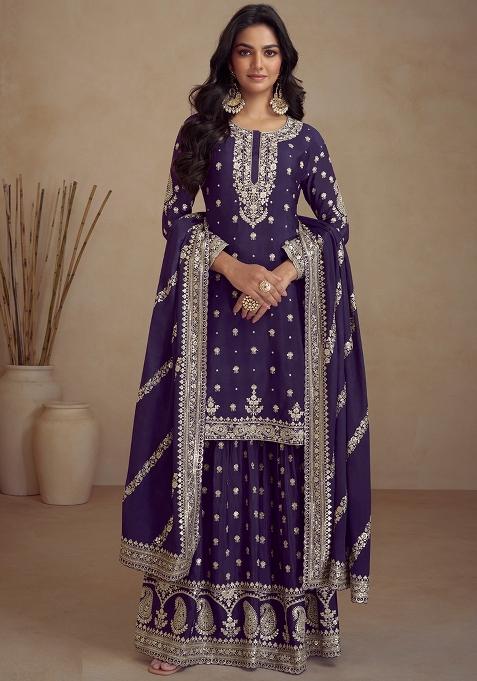 Royal Blue Embroidered Vichitra Plazzo Set