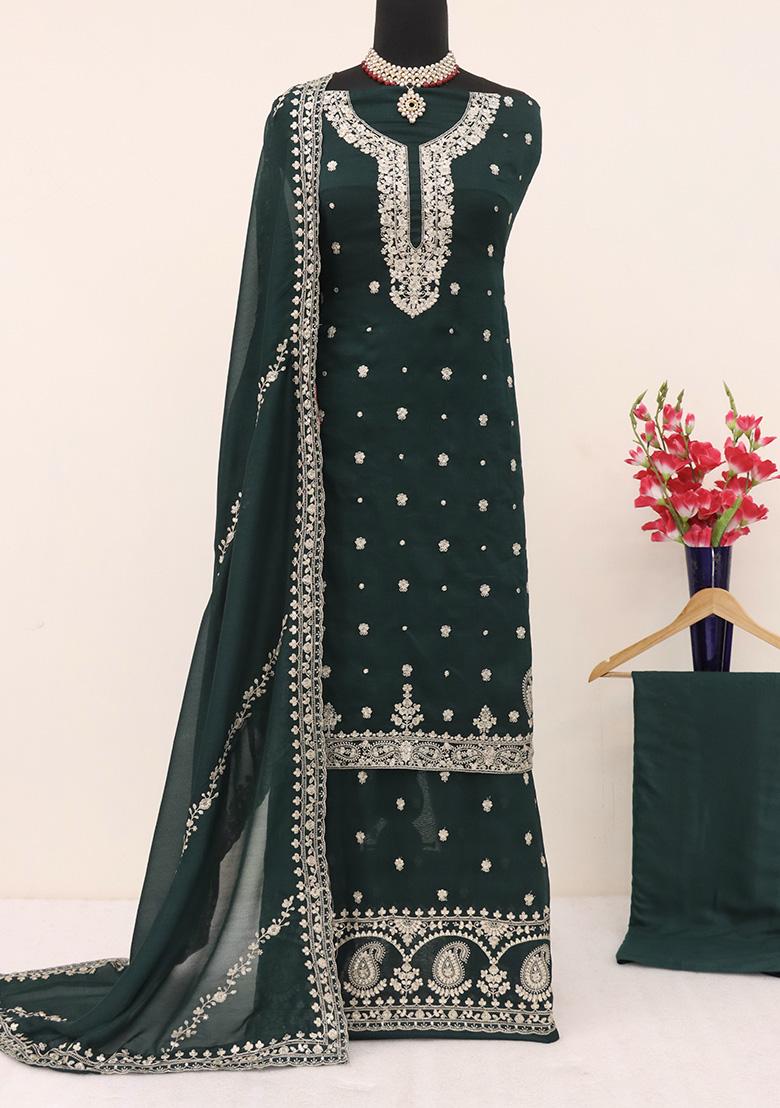 Green Embroidered Vichitra Plazzo Set - Indya