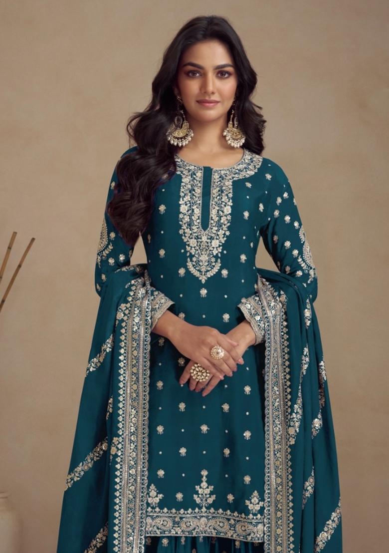 Teal Embroidered Vichitra Plazzo Set