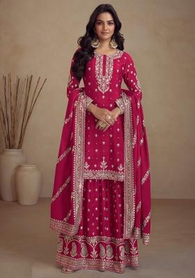 Pink Embroidered Vichitra Plazzo Set