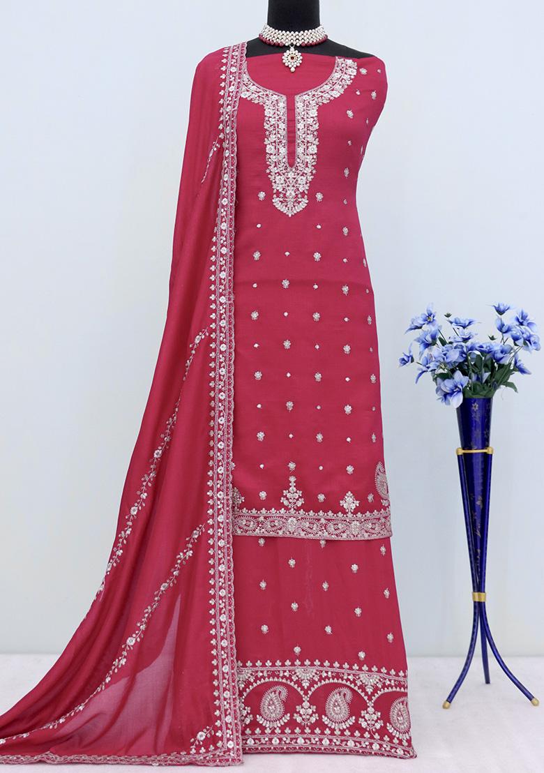 Pink Embroidered Vichitra Plazzo Set