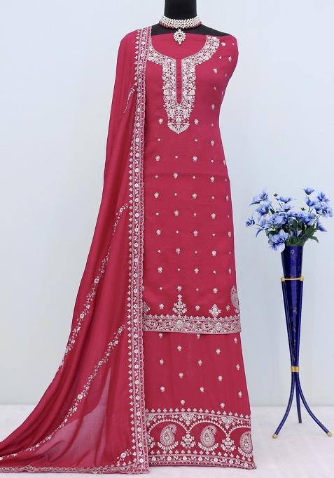 Pink Embroidered Vichitra Plazzo Set