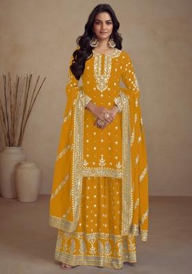 Yellow Embroidered Vichitra Plazzo Set