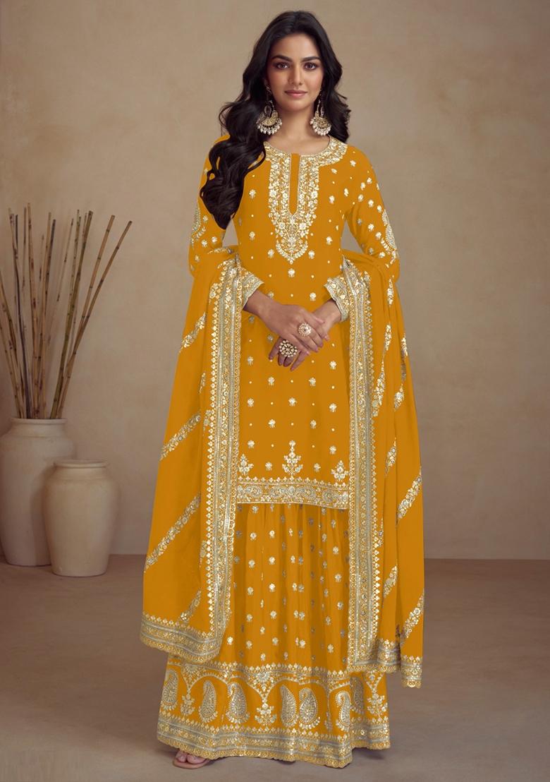 Yellow Embroidered Vichitra Plazzo Set
