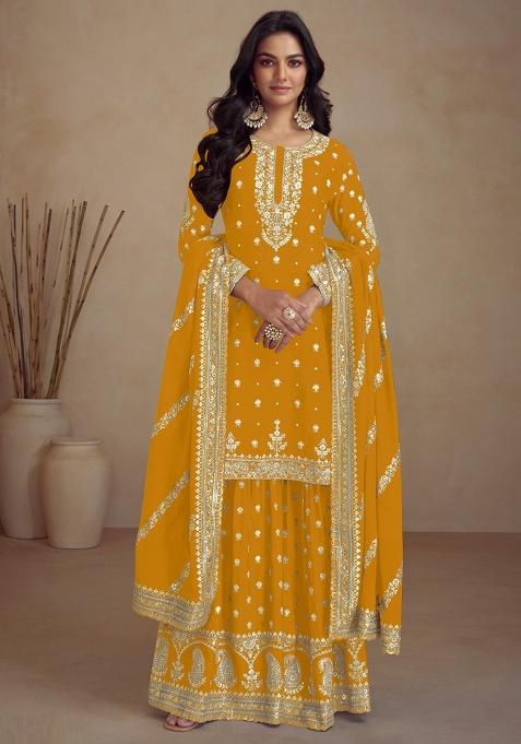 Yellow Embroidered Vichitra Plazzo Set