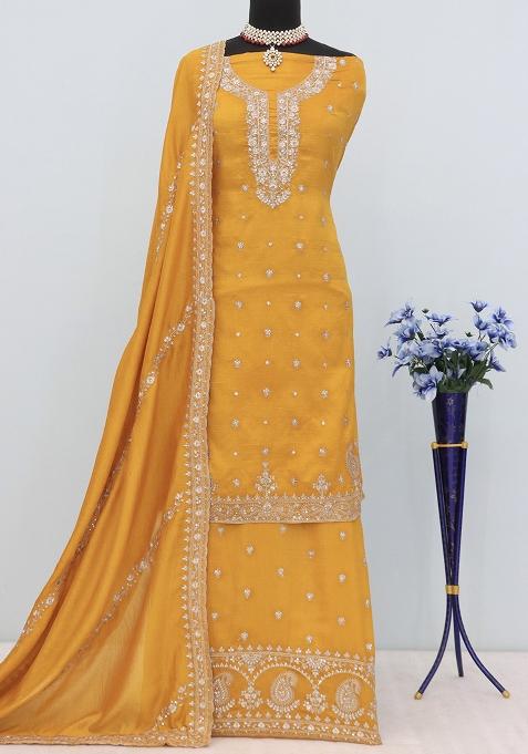 Yellow Embroidered Vichitra Plazzo Set