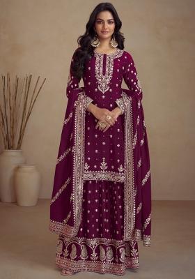 Wine Embroidered Vichitra Plazzo Set