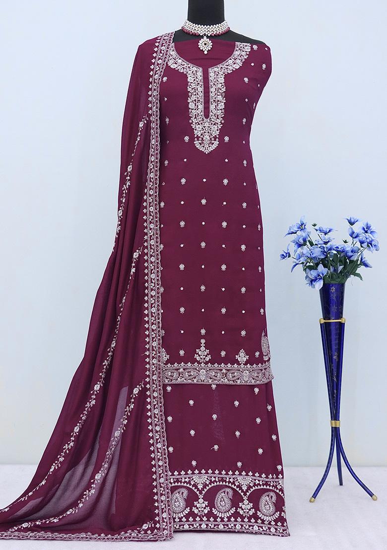 Wine Embroidered Vichitra Plazzo Set - Indya