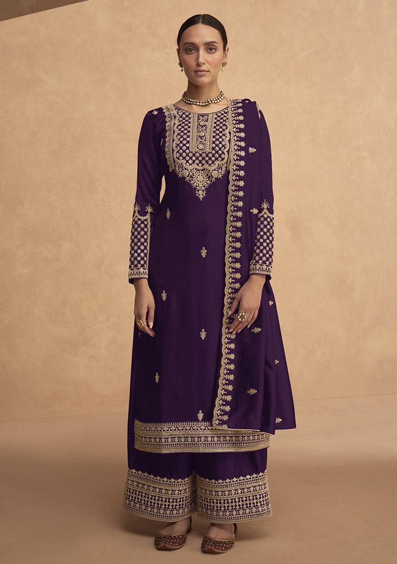 Purple Embroidered Silk Plazzo Set