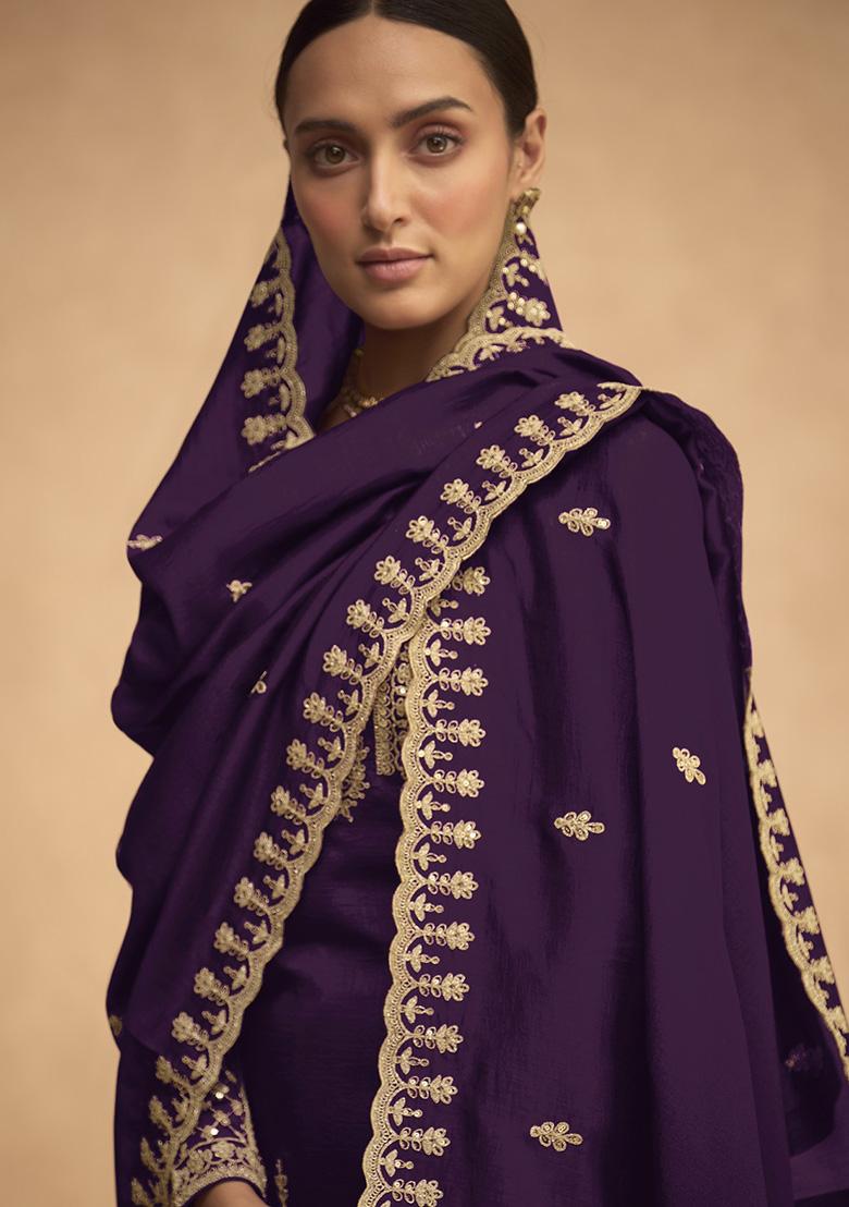 Purple Embroidered Silk Plazzo Set