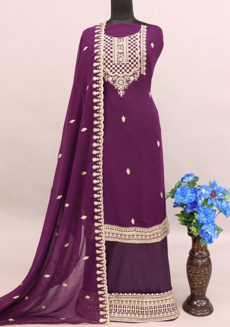 Purple Embroidered Silk Plazzo Set