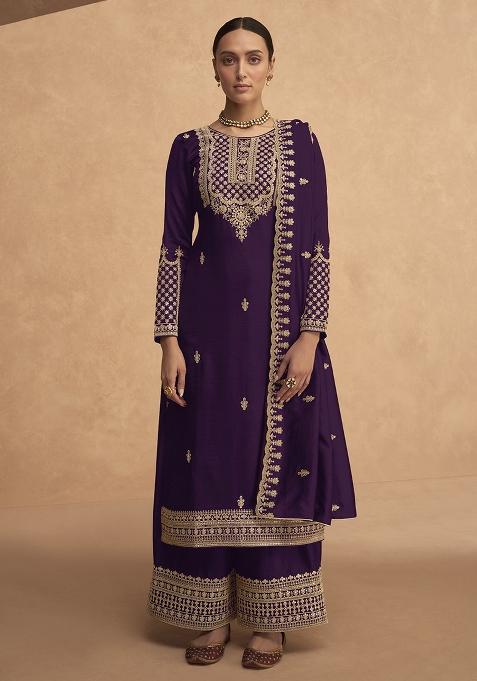 Purple Embroidered Silk Plazzo Set