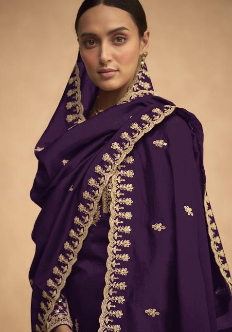 Purple Embroidered Silk Plazzo Set