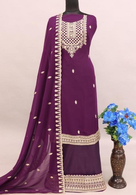Purple Embroidered Silk Plazzo Set