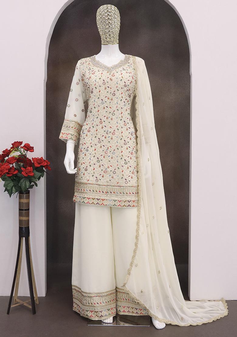 Off White Embroidered Faux Georgette Plazzo Set - Indya