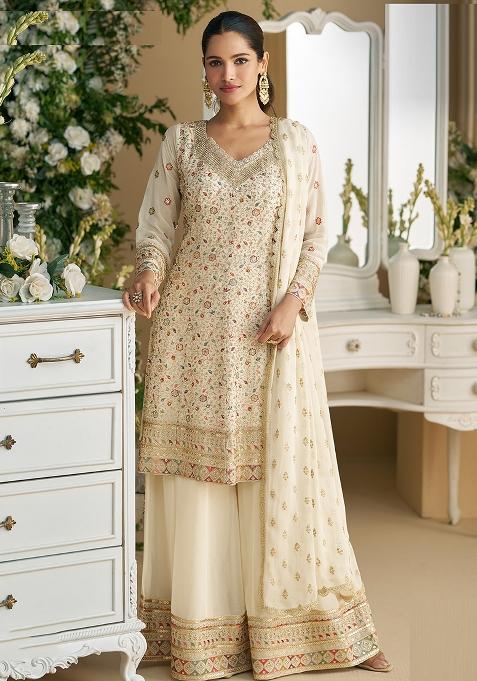 Off White Embroidered Faux Georgette Plazzo Set