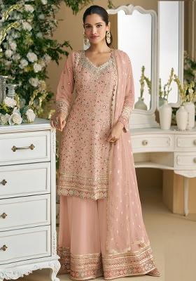 Peach Embroidered Faux Georgette Plazzo Set