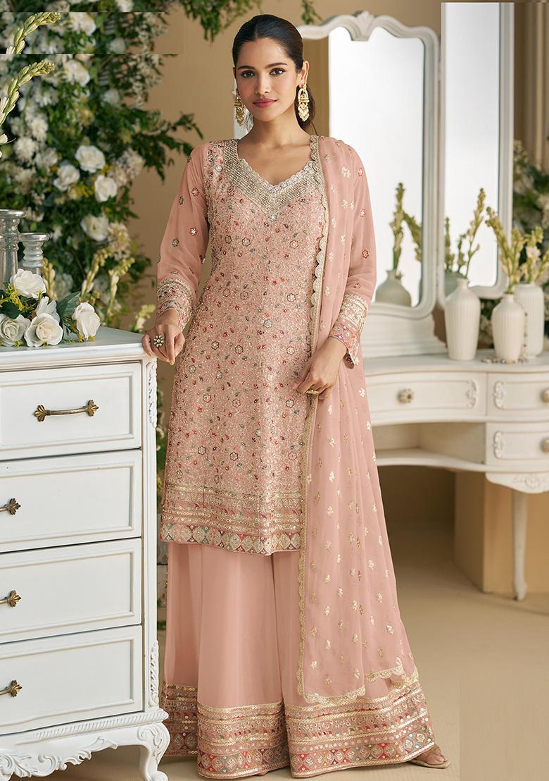 Peach Embroidered Faux Georgette Plazzo Set - Indya