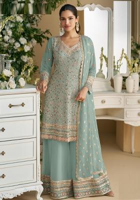 Sky Blue Embroidered Faux Georgette Plazzo Set