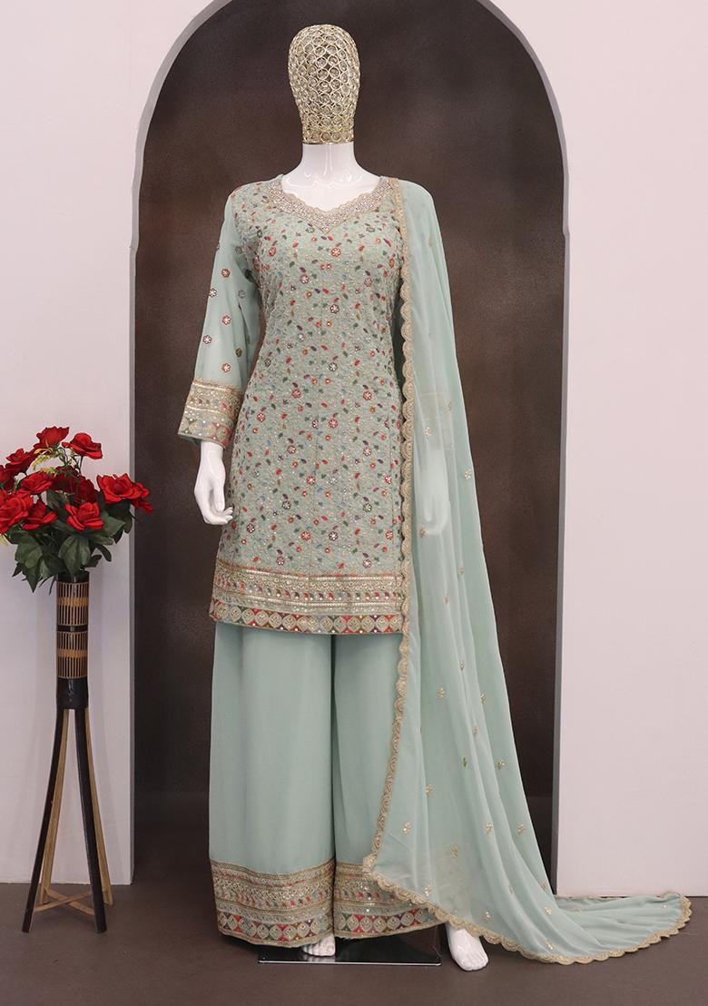 Sky Blue Embroidered Faux Georgette Plazzo Set - Indya