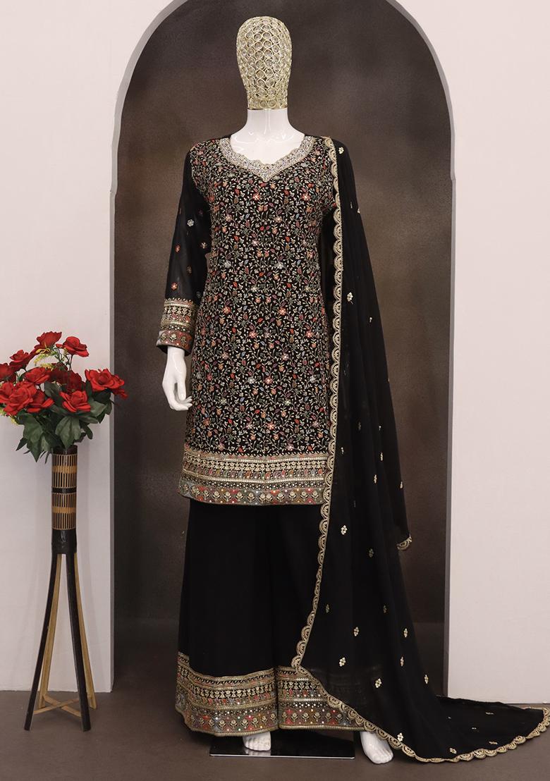 Black Embroidered Faux Georgette Plazzo Set - Indya