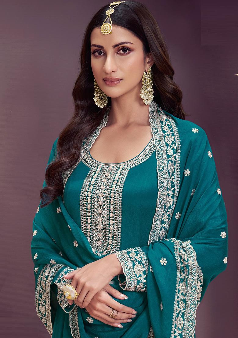 Dark Green Embroidered Silk Anarkali Set - Indya