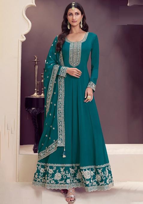 Dark Green Embroidered Silk Anarkali With Dupatta