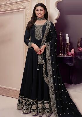 Black Embroidered Silk Anarkali Set