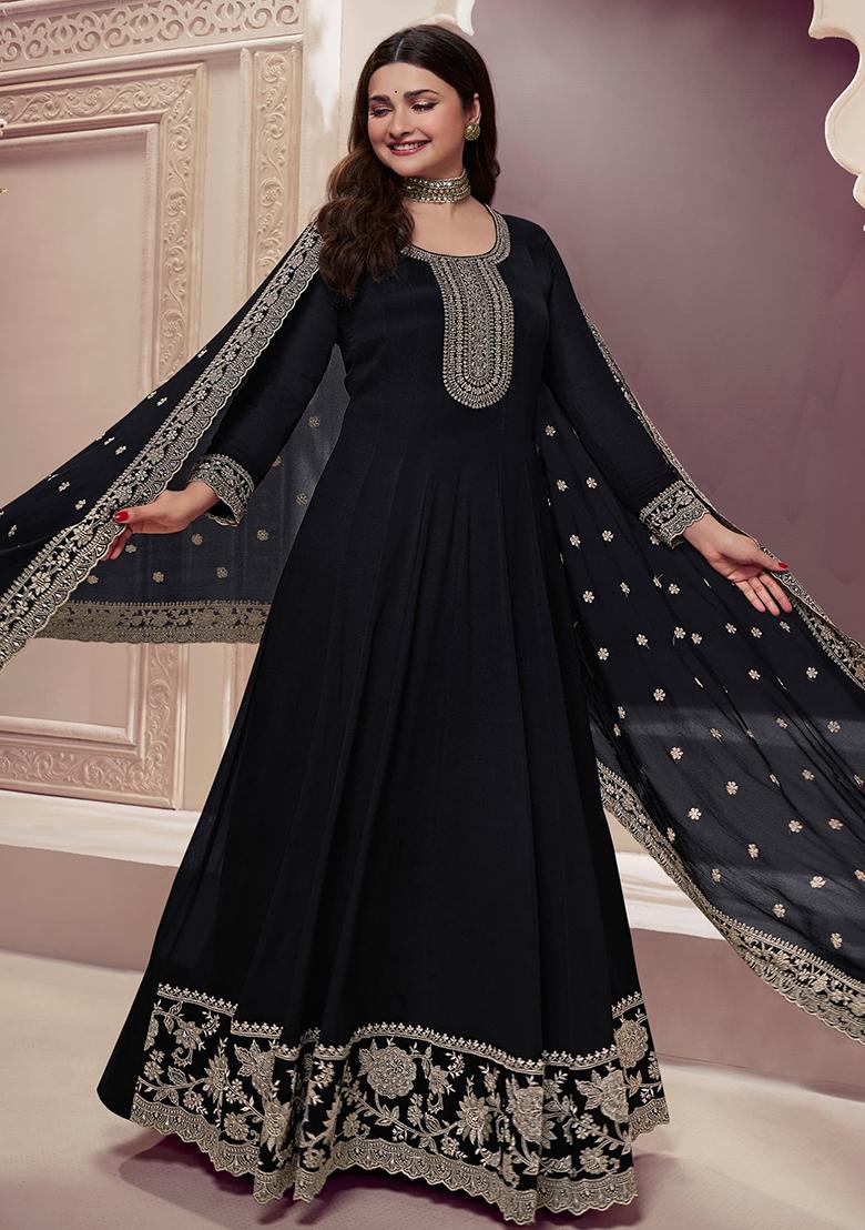 Black Embroidered Silk Anarkali Set - Indya