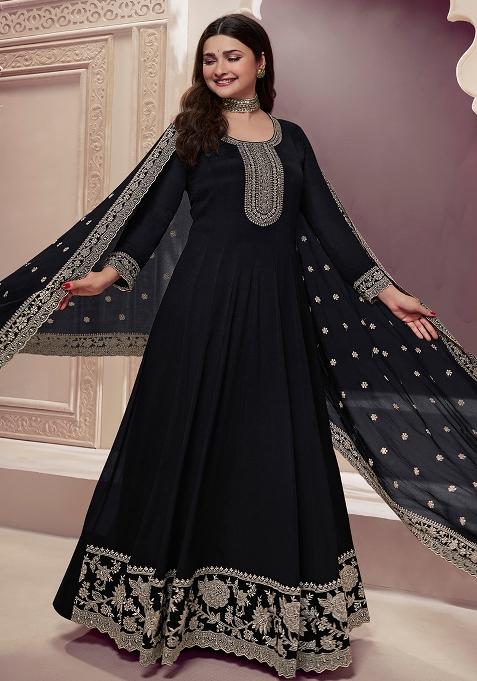 Black Embroidered Silk Anarkali Set