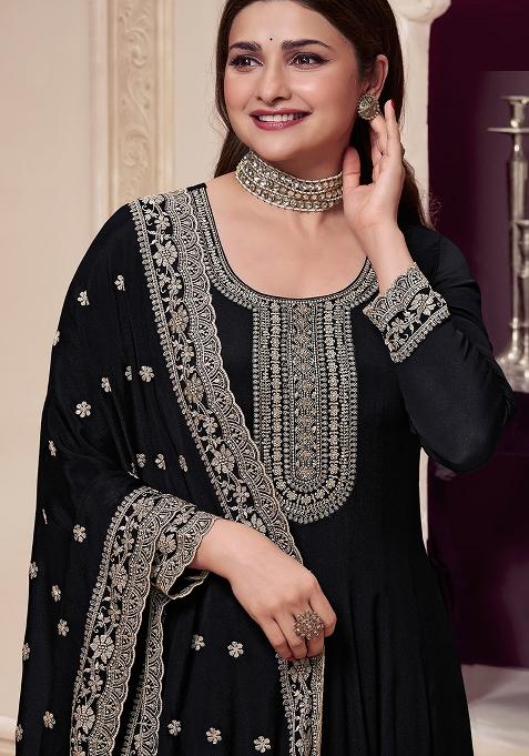 Black Embroidered Silk Anarkali Set