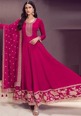 Dark Pink Embroidered Silk Anarkali Set